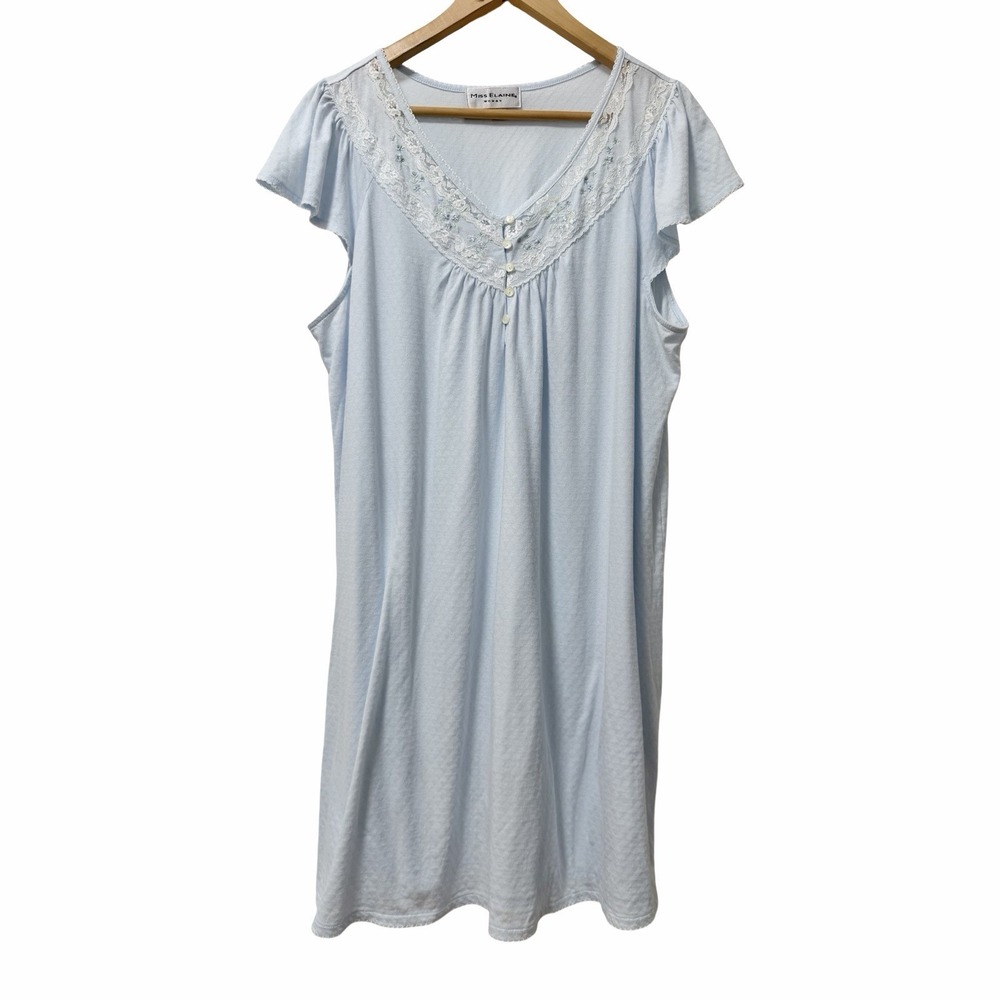 Miss Elaine Embroidered V Neck Short Nightgown Dress Size 1X Blue Grandmacore